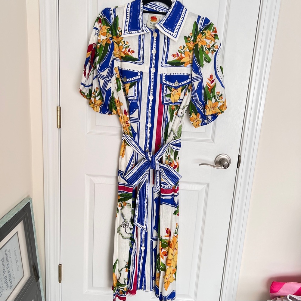 FARM RIO Tropical Destination belted printed midi shirt dress Size small